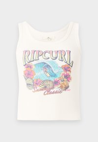 White ribbed tank top with colorful Rip Curl logo, surfing wave, hibiscus flowers, seashells, and "Summer Classic" text.