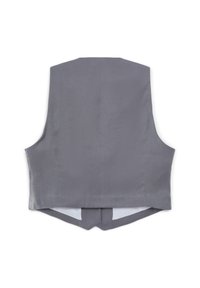 Gilet formel gris vu de dos avec une texture de tissu lisse et un ourlet légèrement pointu.