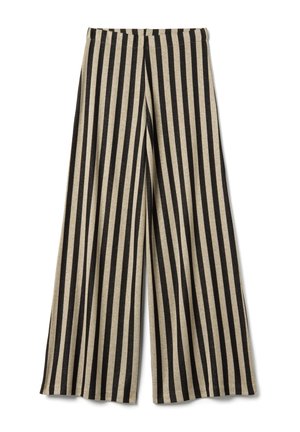 Pantaloni a gamba larga con righe verticali nere e beige, caratterizzati da una vita alta e una vestibilità fluida e ampia.