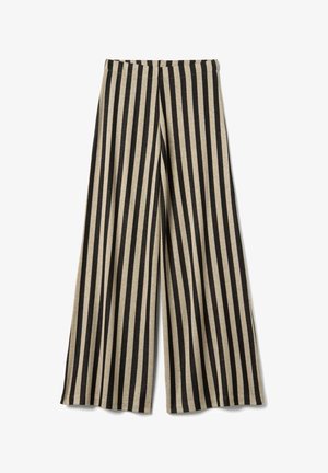 Pantaloni a gamba larga con righe verticali nere e beige, caratterizzati da una vita alta e una vestibilità fluida e ampia.