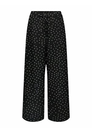 Czarne spodnie o szerokich nogawkach z lekkiego materiału, z drobnym wzorem kwiatowym w białym kolorze. Zawierają zapięcie na guzik w talii.
