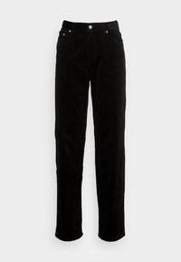 Zwarte corduroy broek met een recht gesneden ontwerp, uitgerust met een knoopsluiting, vijf zakken en een gestructureerde ribbels afwerking.