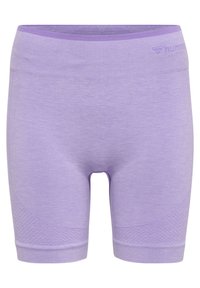 Lavendel Fahrradshorts aus einem weichen Stoff. Sie verfügen über einen breiten Bund und strukturierte Akzente an den Seiten für zusätzliche Details.