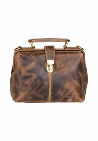 Braune Lederhandtasche mit rechteckiger Form, robustem Griff, vergoldeten Beschlägen und einer glatten, strukturierten Oberfläche mit dezenten Variationen.