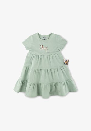 Hellgrünes Baumwollkleid mit kurzen Ärmeln, gestufter Rüschendesign, ausgestattet mit einer verspielten Hundestickerei auf der Brust und einem zusätzlichen Akzent.