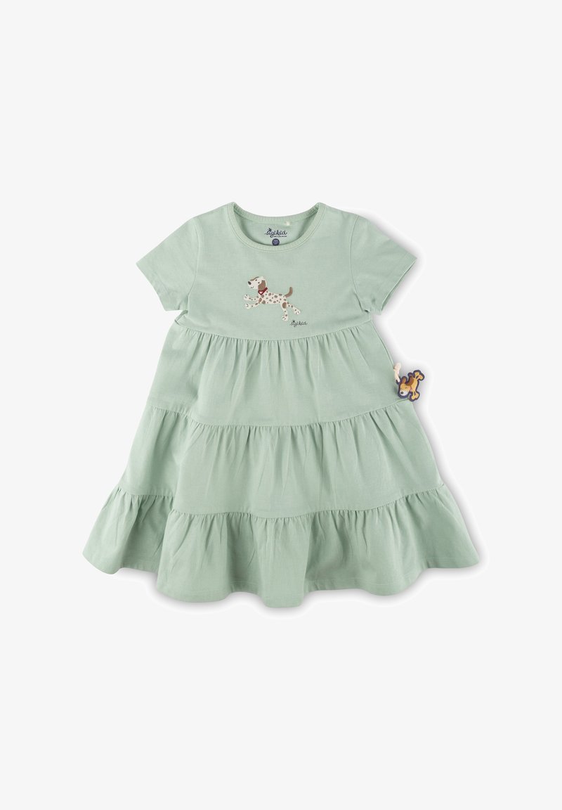 Hellgrünes Baumwollkleid mit kurzen Ärmeln, gestufter Rüschendesign, ausgestattet mit einer verspielten Hundestickerei auf der Brust und einem zusätzlichen Akzent.