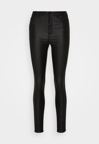 Sorte, høyt midje skinny bukser laget av et skinnende, elastisk materiale, med fem lommer og en frontlukkning med knapp og glidelås.