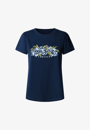 T-shirt in cotone blu navy con maniche corte, decorata con una grafica floreale e la scritta "Pepe Jeans London" in stampa bianca e gialla.