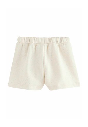 Shorts pour tout-petit de couleur crème avec une taille élastique et un motif discret de taches multicolores sur un tissu doux.