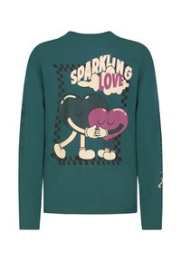 Langärmliges türkisfarbenes Shirt mit einer Cartoon-Grafik von zwei herzförmigen Charakteren, die sich umarmen, und dem Text "SPARKLING LOVE" darüber in Creme und Lila.