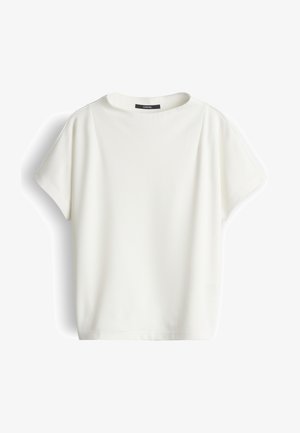 Weiße Kurzarmbluse mit rundem Ausschnitt und lockerem Schnitt, dargestellt vor weißem Hintergrund.