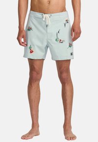 Light blue swim shorts featuring floral embroidery in red, green, and black. Elastic waistband with drawstrings; knee-length fit.