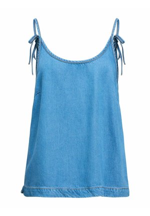 Blue denim sleeveless top with thin straps tied in bows on each shoulder and a loose fit.
