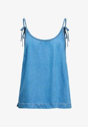 Blue denim sleeveless top with thin straps tied in bows on each shoulder and a loose fit.