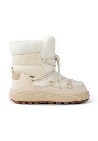 Beżowy zimowy but wykonany z futra syntetycznego i zamszu, wyposażony w wyściełany kołnierz, regulowane sznurowadła, złote elementy oraz trwałą gumową podeszwę.