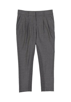 Pantalon habillé gris sur mesure avec poches latérales et passants pour ceinture, avec une coupe droite et des plis près de la taille.