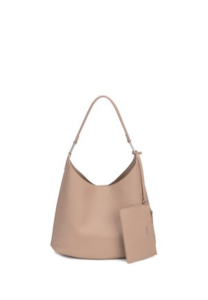 Sac bandoulière en cuir beige texturé avec une seule sangle et une petite pochette assortie fixée.