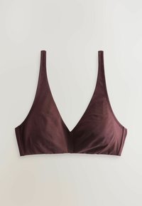 Burgundijas krāsas bralete ar gludu tekstūru, ar trīsstūrveida kausiem, plānām siksniņām un kvalitatīvu šuvumu. Nav redzamu metāla elementu.