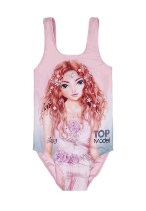 Rosa Einteiler-Badeanzug mit Illustration eines rothaarigen Mädchens, das mit Blumen geschmückt ist, "Lexy" Unterschrift und "TOP Model" Logo auf der Vorderseite.