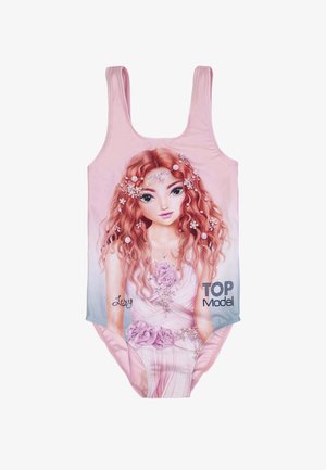 Costume intero rosa con illustrazione di ragazza dai capelli rossi adornata con fiori, firma "Lexy" e logo "TOP Model" sulla parte frontale.