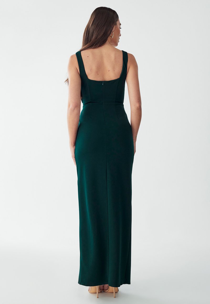 slim fit dress slacks Emerald Green Long Sleeves Off The Shoulder Satin Lace Split Formal Dr –  Siaoryne main image 0