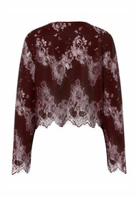 Sarkanvīna mežģīņu žakete ar garām piedurknēm, ar ziedu rakstiem un viļņotām malām. Puscaurspīdīga tekstūra ar smalkām detaļām.