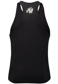 Schwarzes Tanktop mit Racerback-Design, aus glattem Stoff gefertigt. Verfügt über ein weißes Gorilla-Logo im oberen Rückenbereich.