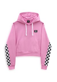 Sudadera corta rosa hecha de una mezcla de algodón, con un patrón de cuadros en blanco y negro en las mangas, con cordones y bolsillos frontales.