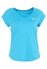 Camisa deportiva de manga corta Nike Dri-FIT de color azul claro con cuello en V y logo de swoosh blanco en el pecho.