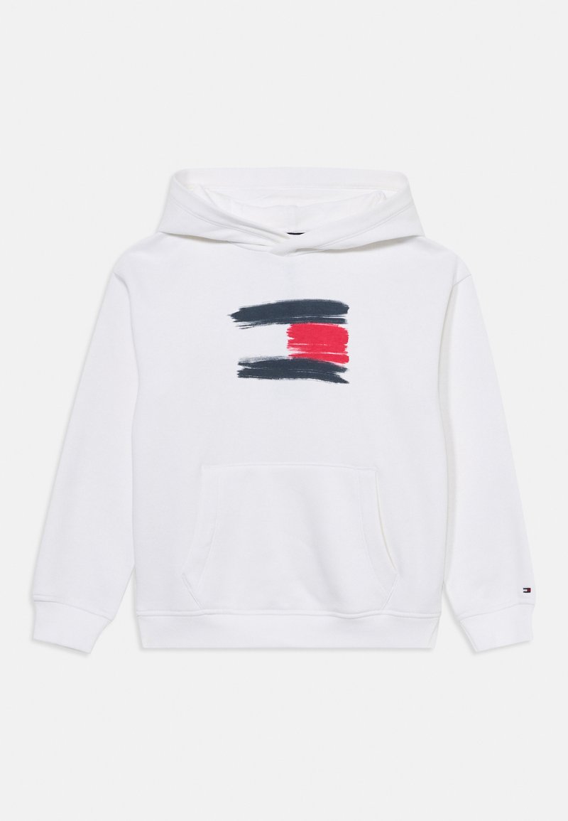 Vit hoodies i bomull, med en framficka och dragsko på huvan. Central grafisk design med svarta och röda penseldrag.