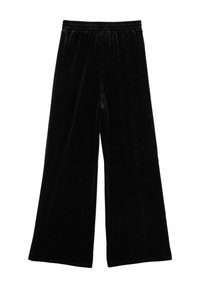 Zwarte fluwelen wijde broek met een elastische tailleband, een gladde textuur en een subtiele glans op het oppervlak, met een losse pasvorm door het geheel.