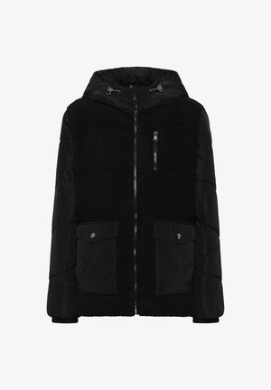 Giubbotto nero con una parte superiore in tessuto soffice e maniche imbottite e lucide. Presenta una chiusura a zip sul davanti, un cappuccio e due tasche frontali con chiusura a bottone.