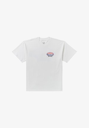 White cotton T-shirt featuring a small multicolored graphic of a mushroom with a gradient sunset and abstract background on the left chest.