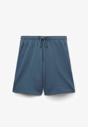 Pantalones cortos casuales azules con cintura elástica y cordón, bolsillos laterales y corte hasta la rodilla.