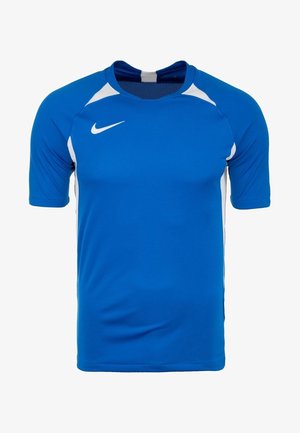 Modrý sportovní tričko s krátkým rukávem a bílými detaily, kulatý výstřih, vyrobené ze syntetické látky, s logem Nike na hrudi.