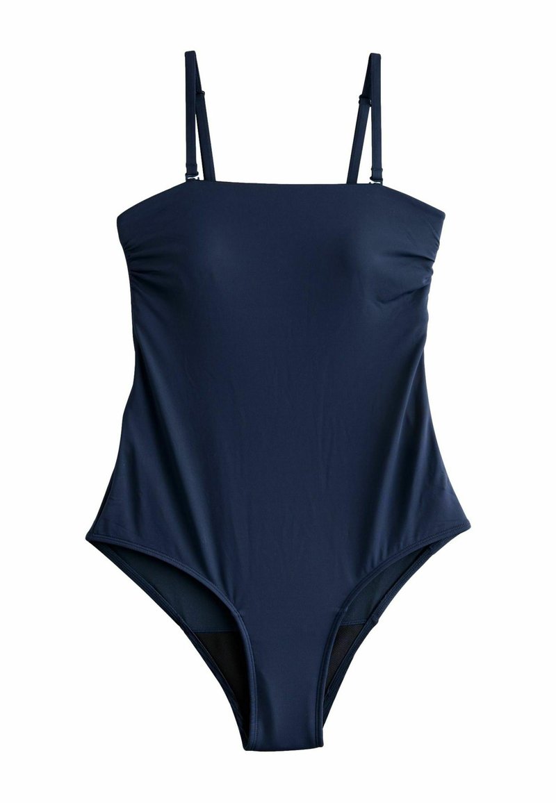 Marineblauer Badeanzug mit dünnen Trägern, glatter Textur, hochgeschnittenen Beinen und einem eleganten Design, hergestellt aus dehnbarem Badematerial.