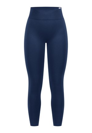 Dunkelblaue Leggings mit hohem Bund, hergestellt aus einem glatten, dehnbaren Stoff. Verfügt über keine sichtbaren Nähte oder Muster für ein sauberes Design.