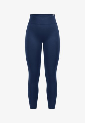 Dunkelblaue Leggings mit hohem Bund, hergestellt aus einem glatten, dehnbaren Stoff. Verfügt über keine sichtbaren Nähte oder Muster für ein sauberes Design.