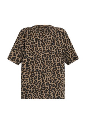 T-shirt a maniche corte con stampa leopardata marrone e nera e una piccola toppa con logo nero sul petto sinistro.