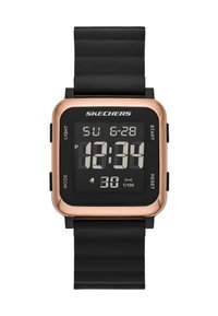 Quadratische Digitaluhr mit einem schwarzen Kunststoffarmband und einer roségoldenen Lünette. Zeigt Uhrzeit, Datum und verschiedene Funktionen auf einem schwarzen Bildschirm an.