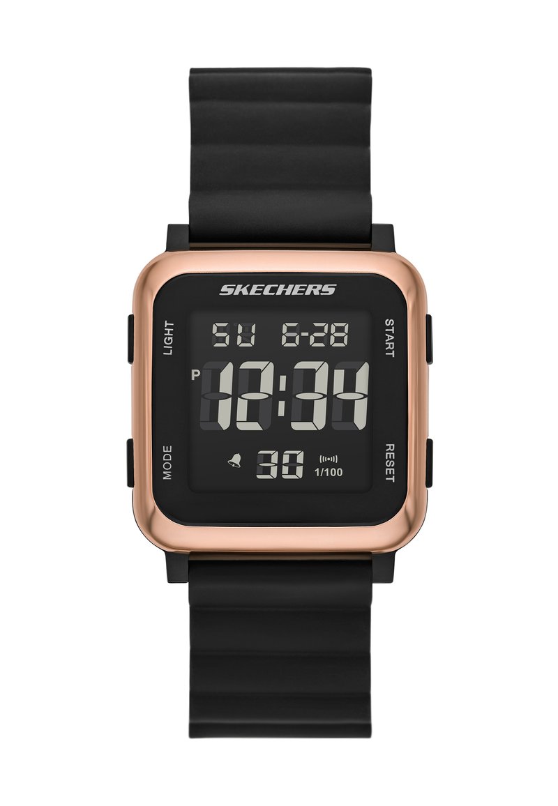 Quadratische Digitaluhr mit einem schwarzen Kunststoffarmband und einer roségoldenen Lünette. Zeigt Uhrzeit, Datum und verschiedene Funktionen auf einem schwarzen Bildschirm an.