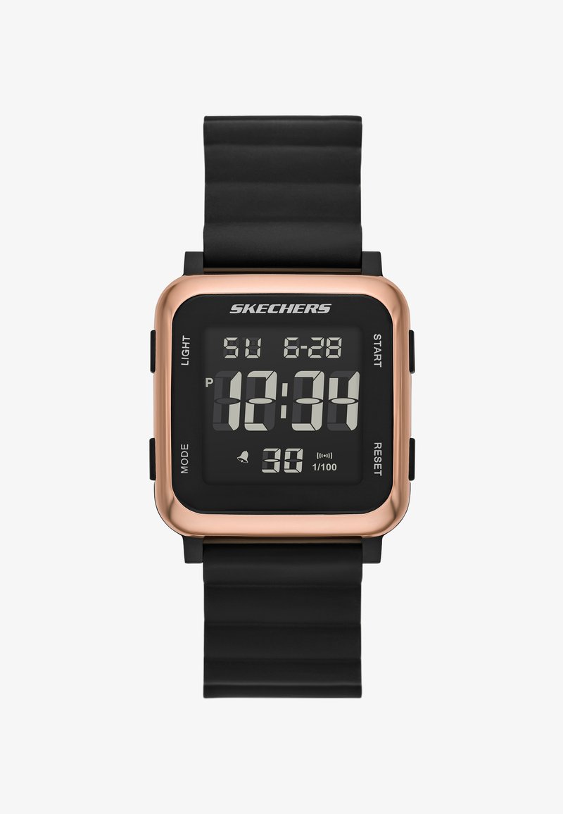 Quadratische Digitaluhr mit einem schwarzen Kunststoffarmband und einer roségoldenen Lünette. Zeigt Uhrzeit, Datum und verschiedene Funktionen auf einem schwarzen Bildschirm an.