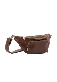 Marsupio in pelle marrone con due tasche con cerniera, una superficie liscia e una tracolla robusta. Presenta dettagli di cucitura discreti.