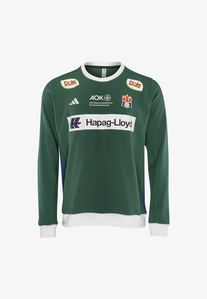 Grüner Pullover mit langen Ärmeln, weißem Kragen, blauen Seitenakzenten und mehreren Logos, darunter Hapag-Lloyd und Dole. Hergestellt aus weichem Stoff.