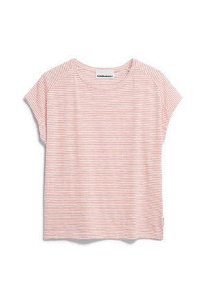 Light pink striped short-sleeve t-shirt with a rounded neckline and relaxed fit. Made from soft fabric, featuring subtle horizontal stripes.