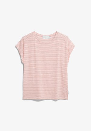 T-shirt à manches courtes rayé rose clair avec un col arrondi et une coupe décontractée. Fabriqué en tissu doux, avec de subtiles rayures horizontales.