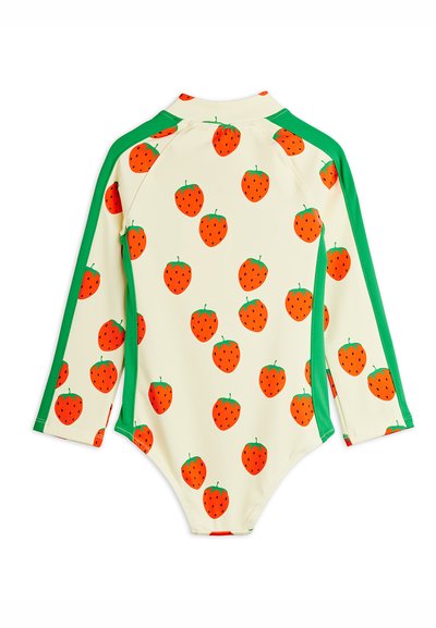Μαγιό με μακριά μανίκια σε εκρού χρώμα με πράσινες πλευρικές λωρίδες, που διαθέτει ολόκληρο σχέδιο με έντονες πορτοκαλί φράουλες.