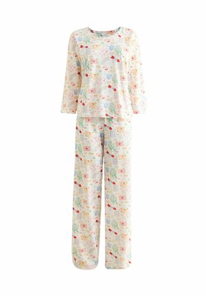 Langärmliges cremefarbenes Pyjama-Set mit bunten Blumen-, Kirsch-, Herz- und Buchstabenmotiven, mit rundem Ausschnitt und gerade geschnittenen Hosenbeinen.