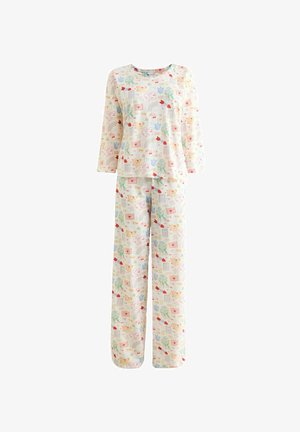 Langärmliges cremefarbenes Pyjama-Set mit bunten Blumen-, Kirsch-, Herz- und Buchstabenmotiven, mit rundem Ausschnitt und gerade geschnittenen Hosenbeinen.