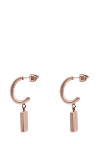 Roségull hoops med en buet design og en rektangulær anheng som henger fra hver ørepynt. Polert metallfinish.